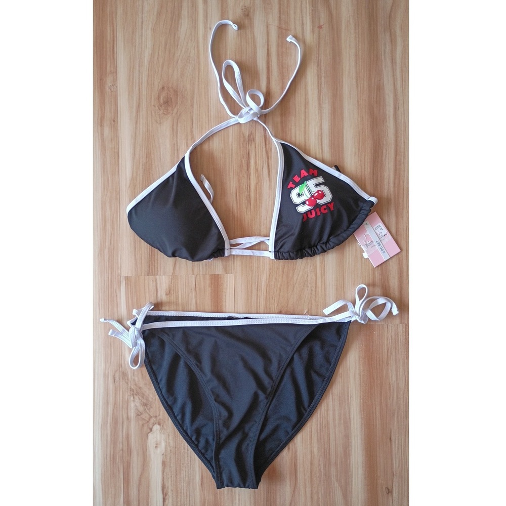 Juicy Couture Womens Black White Team 95‎ Cherry Triangle Bikini Set Swimsuit XL